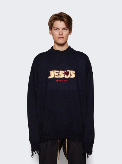 Shop Vetements Jesus Loves You Destroyed Sweater In Blue