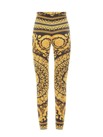 Shop Versace Leggings With Iconic Baroque Print In Gold