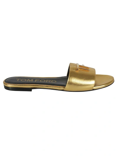 Shop Tom Ford Logo-plaque Metallic-leather Slides In Gold