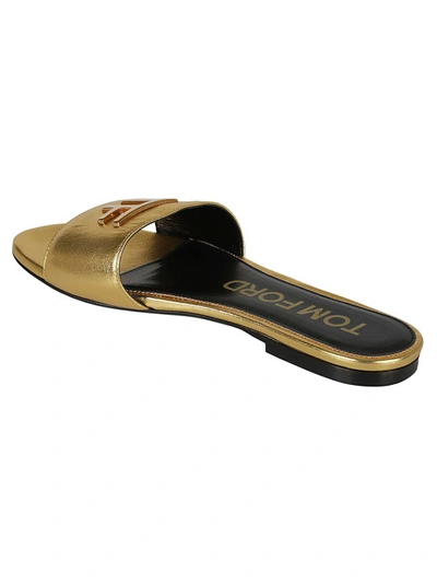 Shop Tom Ford Logo-plaque Metallic-leather Slides In Gold