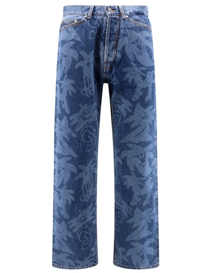 Shop Palm Angels All-over Palmity Print Cotton Jeans In Green