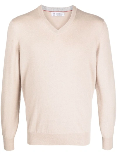 Shop Brunello Cucinelli Beige V-neck Sweater In Neutrals