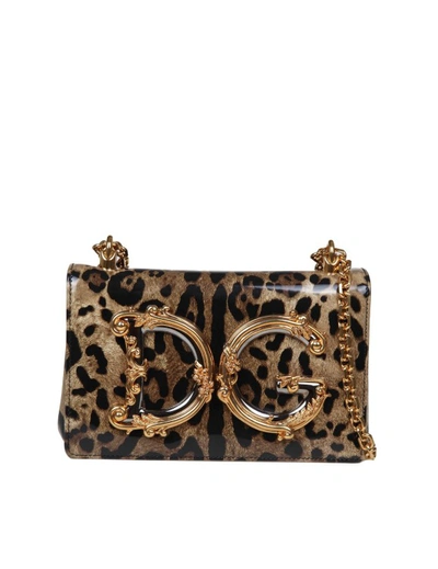 Shop Dolce & Gabbana Dg Girls Shoulder Bag In Leopard-print Shiny Calfskin In Brown