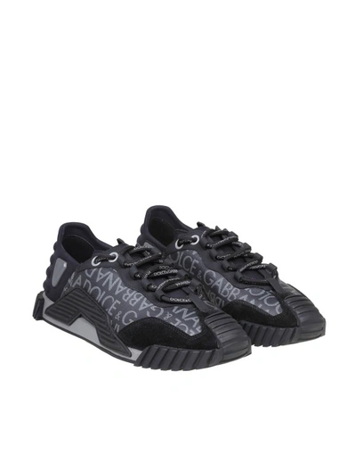 Shop Dolce & Gabbana Logo Print Leather And Fabric Sneakers In Black