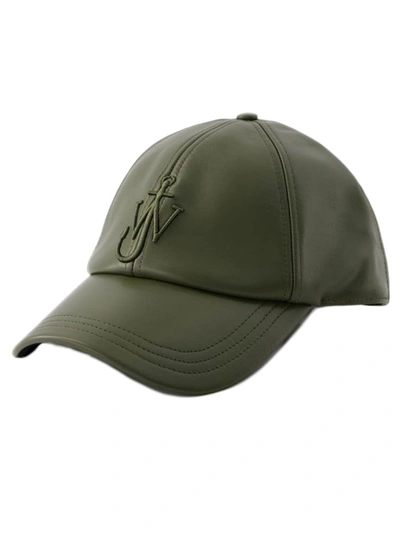 Shop Jw Anderson Baseball Cap - Leather - Dark Olive In Green