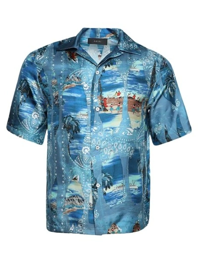 Shop Amiri Bleach Bandana Bowling Shirt In Blue