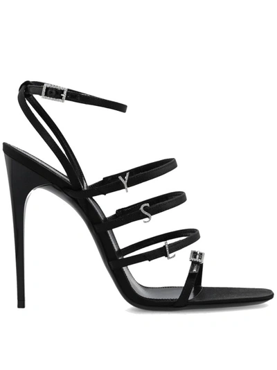 Saint Laurent Jerry Logo-embellished Leather-trimmed Satin Sandals In Black