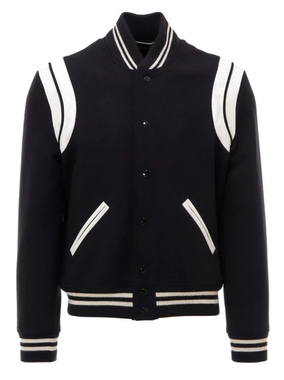 Shop Saint Laurent Teddy Wool Jacket With Leather Profiles In Black