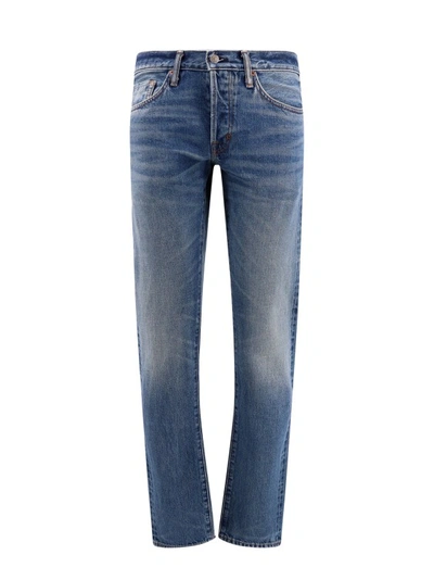 Shop Tom Ford Cotton Jeans With Suede Logo Patch In Blue