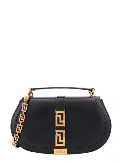 Shop Versace Leather Handbag With Frontal Metal La Greca Detail In Black