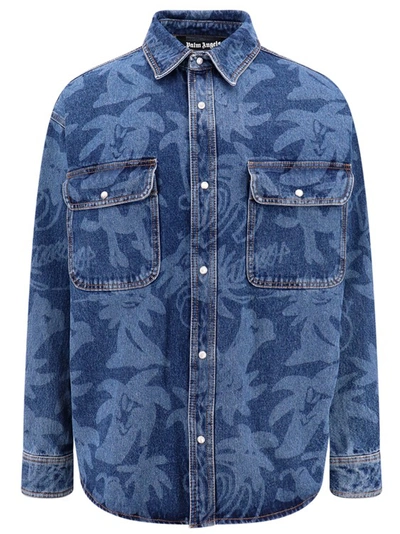 Shop Palm Angels All-over Palmity Print Denim Shirt In Blue