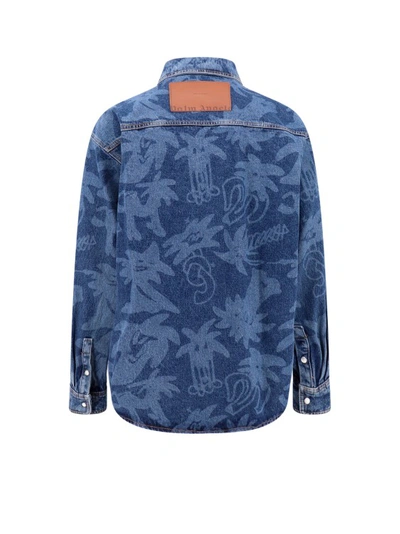 Shop Palm Angels All-over Palmity Print Denim Shirt In Blue