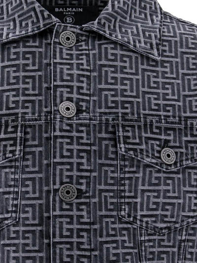 Shop Balmain Denim Jacket With All-over Monogram In Black