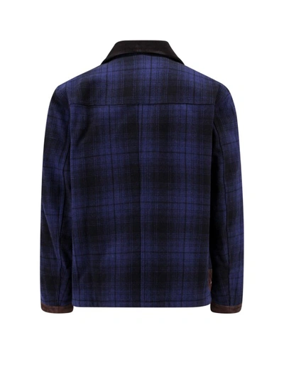 Shop Fay Check Motif Blue Wool And Suede Jacket