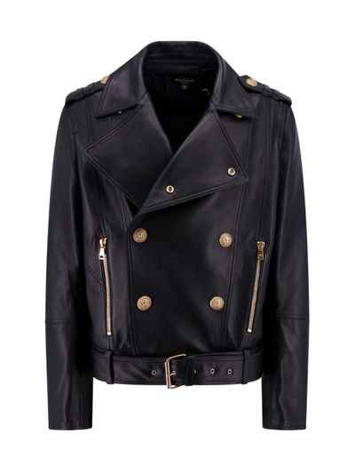 Shop Balmain Leather Jacket With Iconic Gold Buttons In Black
