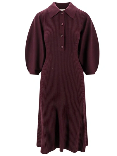 Shop Chloé Ribbed Wool Midi Dress In Burgundy