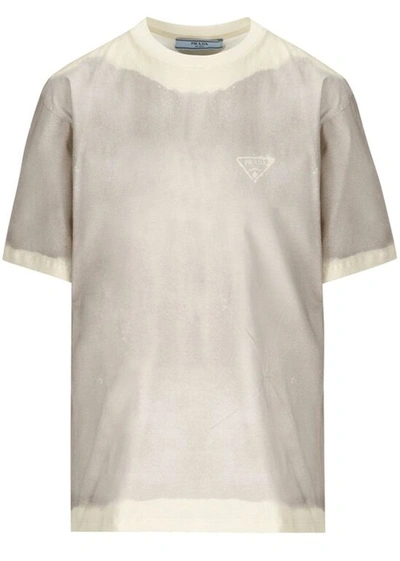 Shop Prada Grey Cotton Logo T-shirt