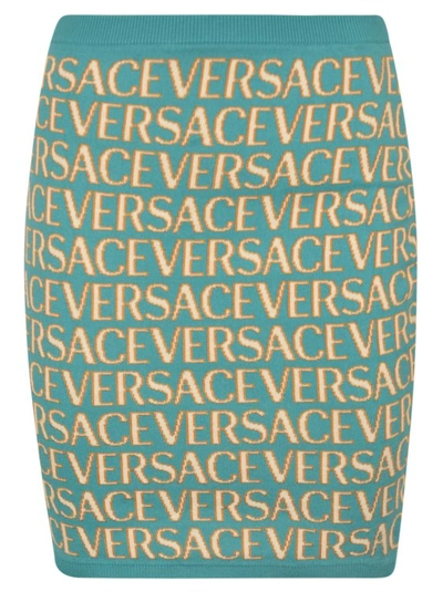 Shop Versace Allover Logo-jacquard Miniskirt In Blue