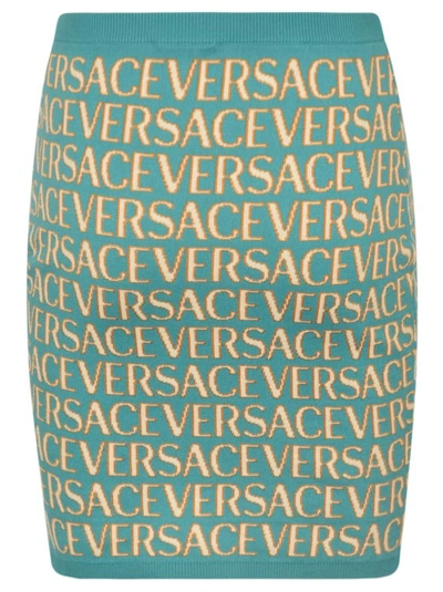 Shop Versace Allover Logo-jacquard Miniskirt In Blue