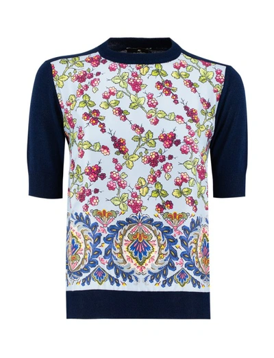 Etro Berry-print Silk Panel Knit Crop Top In Blue