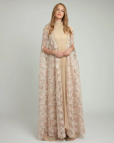 Shop Gemy Maalouf Pleated Dress With Embroidered Cape - Long Dresses In Brown