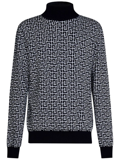 Shop Balmain Black Jacquard Knitted Sweater