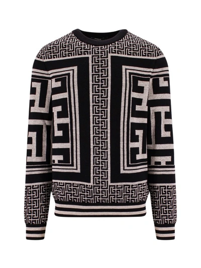 Shop Balmain Wool And Llinen Sweater With Maxi Monogram In Black