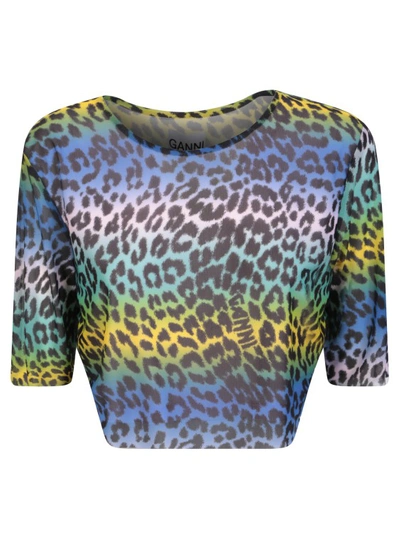 Shop Ganni Leopard Print Multicolor Crop T-shirt