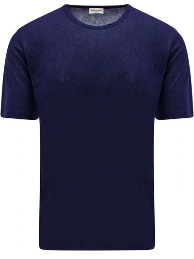 Shop Saint Laurent Embroidered Logo Blue Sustainable Viscose T-shirt