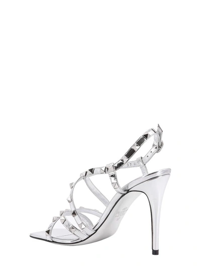 Shop Valentino Iconic Studs Laminated Leather Sandals In Silver