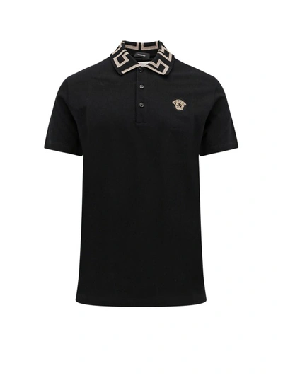 Shop Versace Cotton Polo Shirt With Medusa Patch In Black