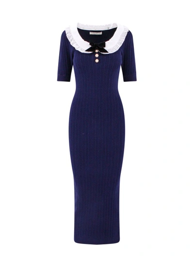 Shop Alessandra Rich Ribbed Cotton Dress With Frontal Buttons With Pearls In Blue