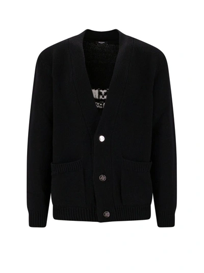 Shop Balmain Virgin Wool Cardigan With Embroidered Logo In Black