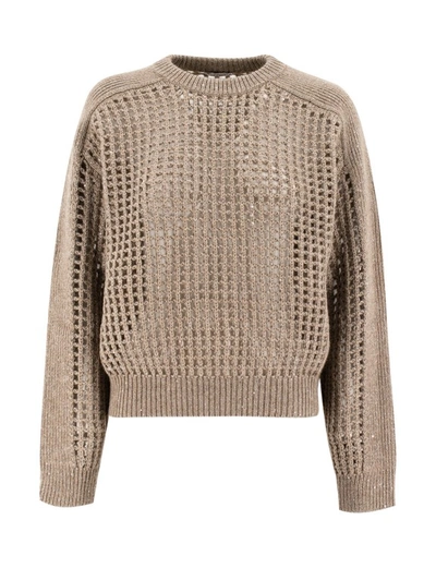 Shop Brunello Cucinelli Sparkling Net Sweater In Brown