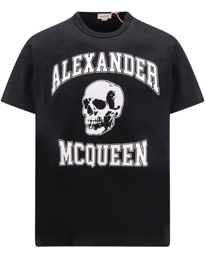 Shop Alexander Mcqueen Varsity Logo Print Black Cotton T-shirt