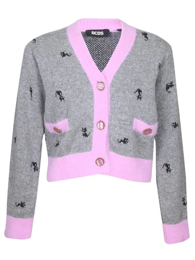 Shop Gcds Kittho Cardigan In Gray And Pink Wool Blend In Grey
