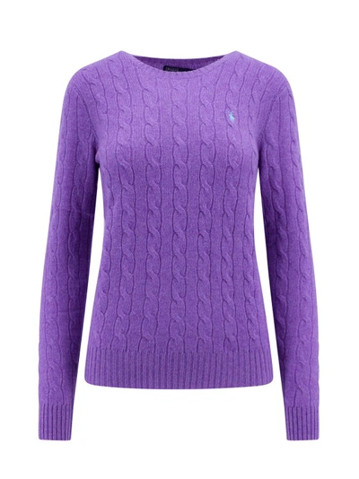 Shop Polo Ralph Lauren Wool And Cashmere Sweater With Embroidered Logo In Purple