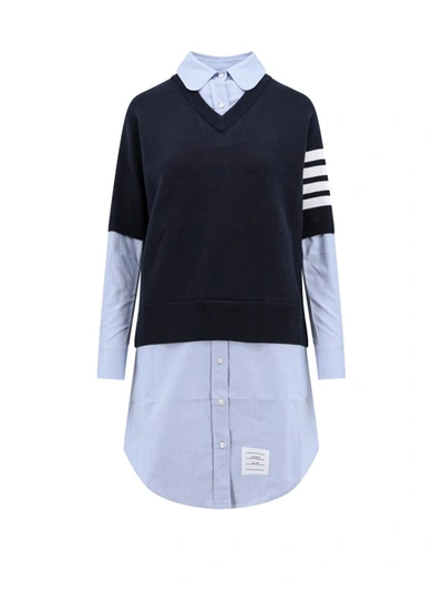 Shop Thom Browne Cotton Dress With Shirt Effect In Blue