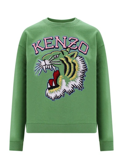 Shop Kenzo Cotton Sweatshirt With Tiger Varsity Patch In Green
