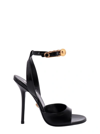 Shop Versace Patent Leather Sandals With Safety Pin Detail In Black