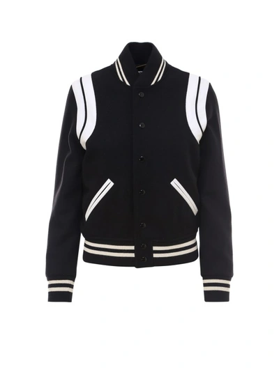 Shop Saint Laurent Teddy Wool Jacket With Leather Profiles In Black