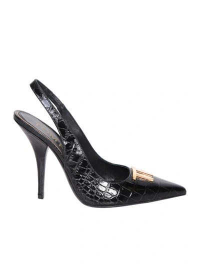 Shop Tom Ford Slingback Heel With Embossed Crocodile Leather Effect And Signature In Black