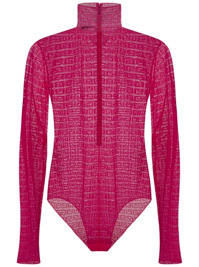 Shop Givenchy Fuchsia Long-sleeved Transparent Lace Bodysuit In Pink