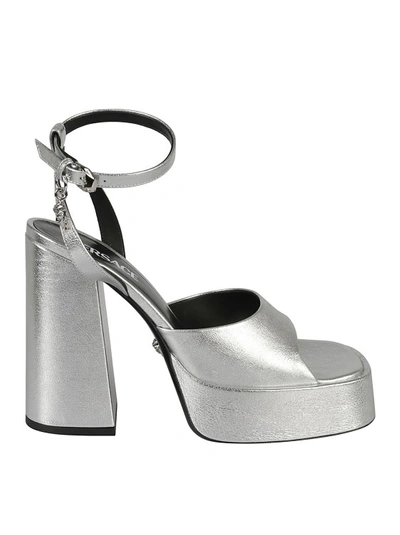Shop Versace Medusa 130mm Platform Leather Sandals In Grey