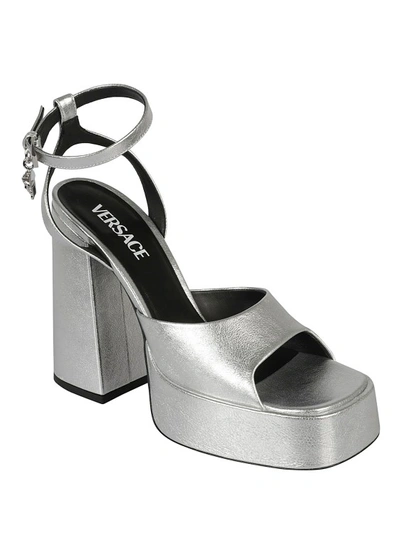 Shop Versace Medusa 130mm Platform Leather Sandals In Grey