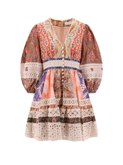 Shop Zimmermann Linen Dress With All-over Paisley Motif In Multicolor