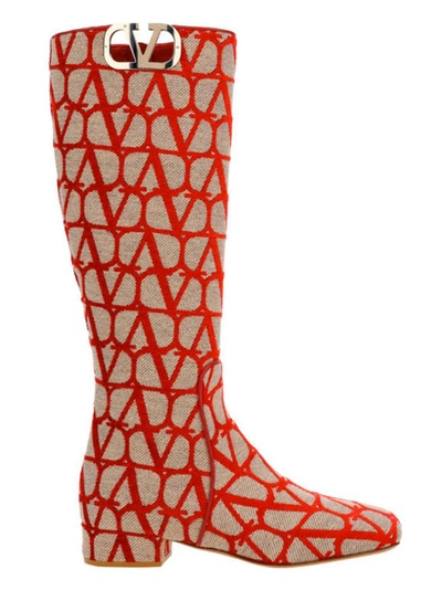Shop Valentino Canvas Logo Boots In Red