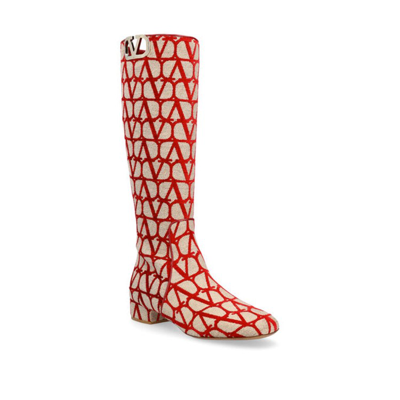 Valentino Vlogo 30 Type Toile Iconographe Canvas Knee-high Boot In Red