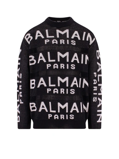 Shop Balmain Cotton Blend Sweater With All-over Logo Motif In Black