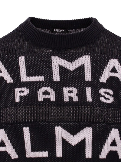 Shop Balmain Cotton Blend Sweater With All-over Logo Motif In Black